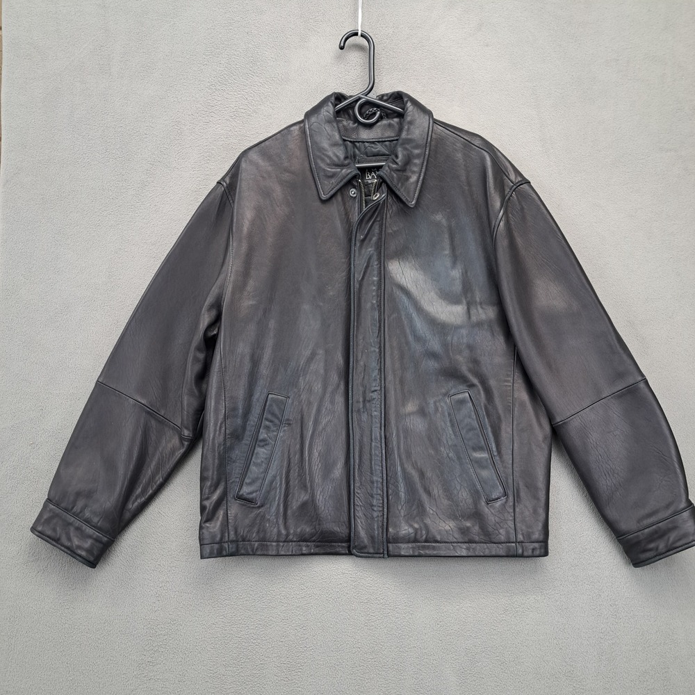 JOS A BANK Mens Genuine Leather Jacket Black Zip Front Quilted Lined Size L